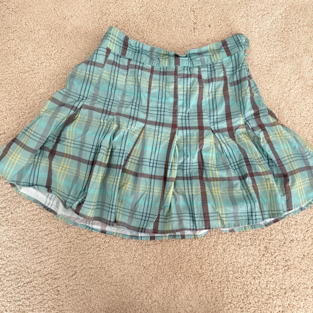 NWOT Anthropologie Maeve Teal Plaid Circle Skirt with Brown and Yellow Accents
